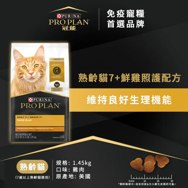 【Pro Plan 冠能】免疫寵糧 熟齡貓7+ 鮮雞照護 1.45KG(抗氧化配方 膳食纖維 貓飼料 貓乾糧)