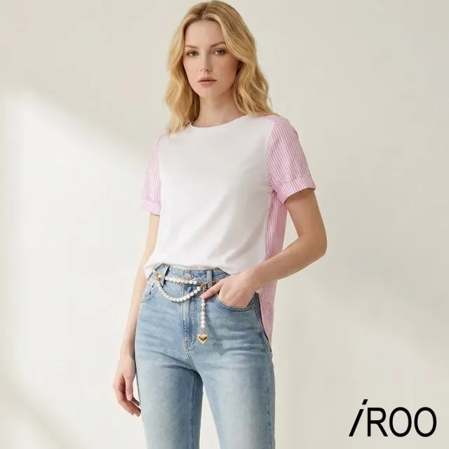 【iROO】條紋拼接反摺袖上衣