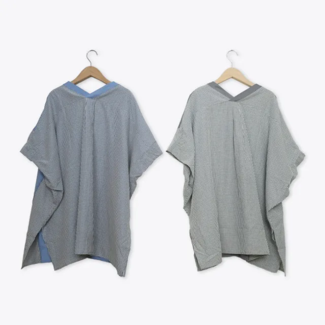 【MOSS CLUB】素面格紋拼接日系外罩襯衫 藍 灰