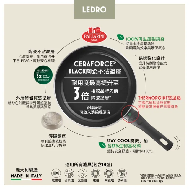 【Ballarini 班樂尼】義大利製LEDRO陶瓷不沾平底鍋24cm(德國雙人牌集團官方直營)