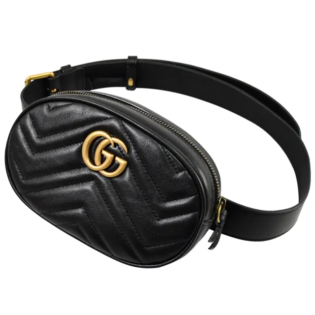 【GUCCI 古馳】GG Marmont 經典山字絎縫紋小牛皮迷你三用後背包胸口包腰包(黑)