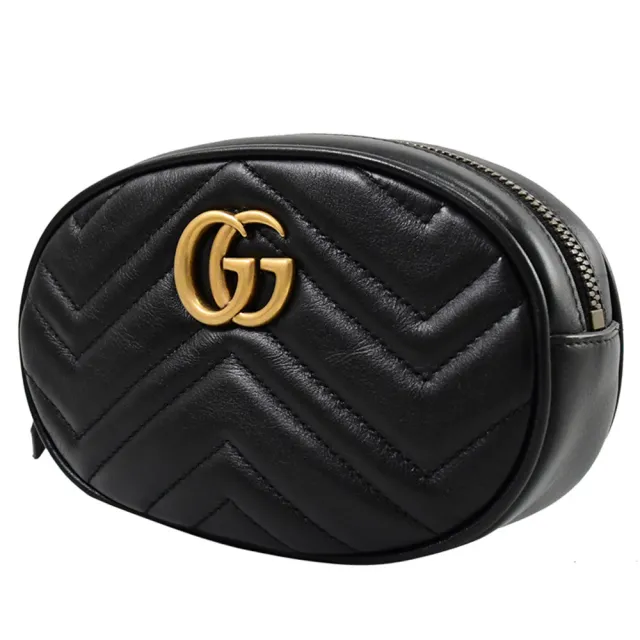 【GUCCI 古馳】GG Marmont 經典山字絎縫紋小牛皮迷你三用後背包胸口包腰包(黑)
