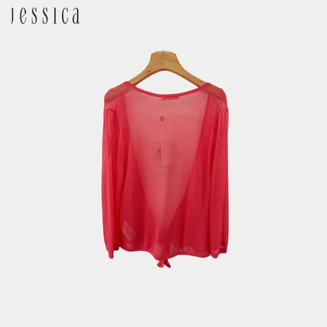 【JESSICA】休閒百搭素色網眼綁帶針織開襟衫（紅）243404