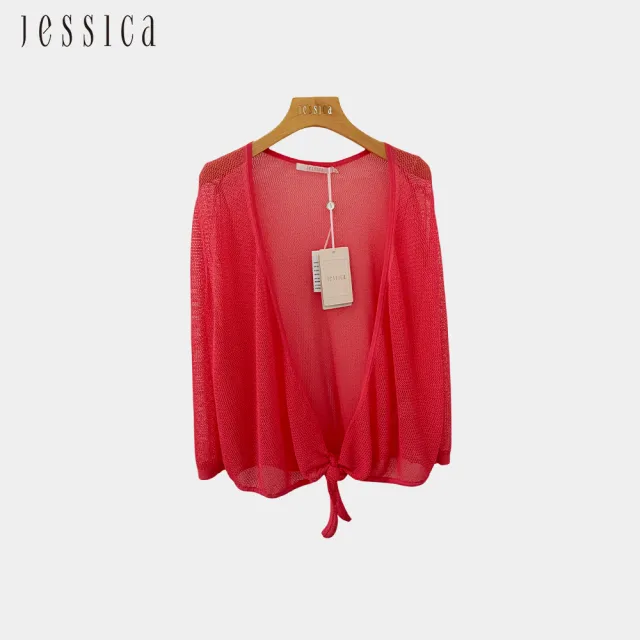 【JESSICA】休閒百搭素色網眼綁帶針織開襟衫（紅）243404