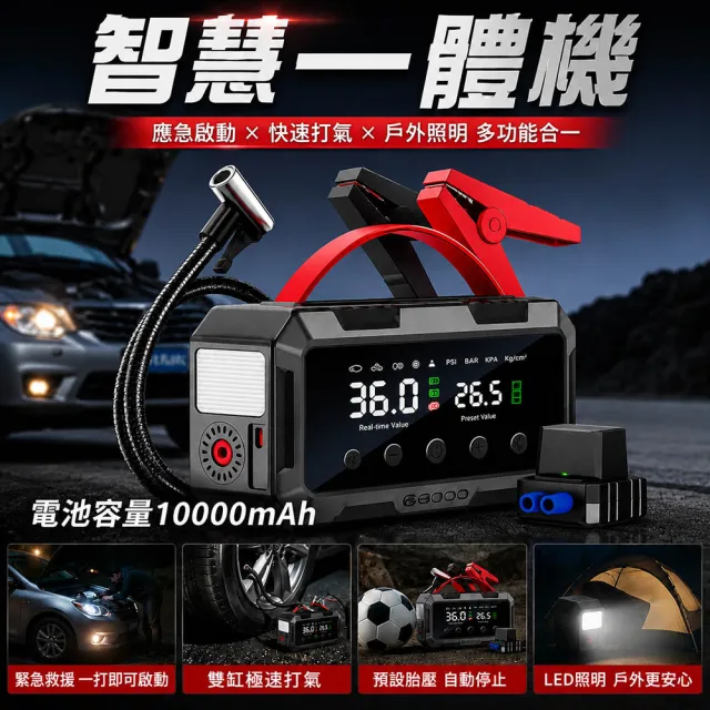 【任e行】PT-126 10000mAh 雙缸打氣 多功能救車行動電源 贈 4K GPS 單鏡頭行車記錄器