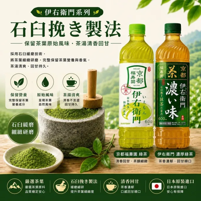 【Suntory 三得利】伊右衛門 濃厚 京都福壽綠茶600ml 24瓶/箱(綠茶  日本原裝進口)