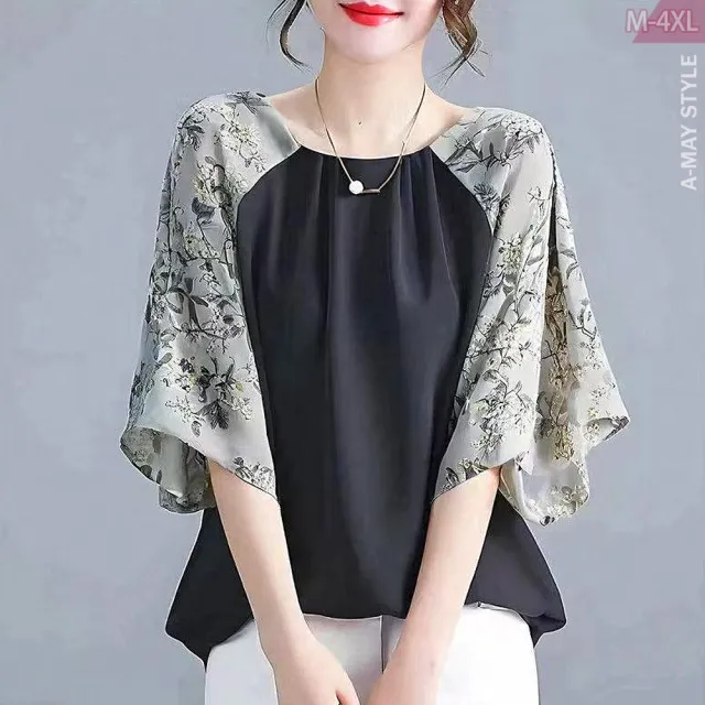 【Amay Style 艾美時尚】夏新品 中大尺碼女裝 T恤 日系氣質拼接感印花七分袖上衣。M-4XL(印花.預購)