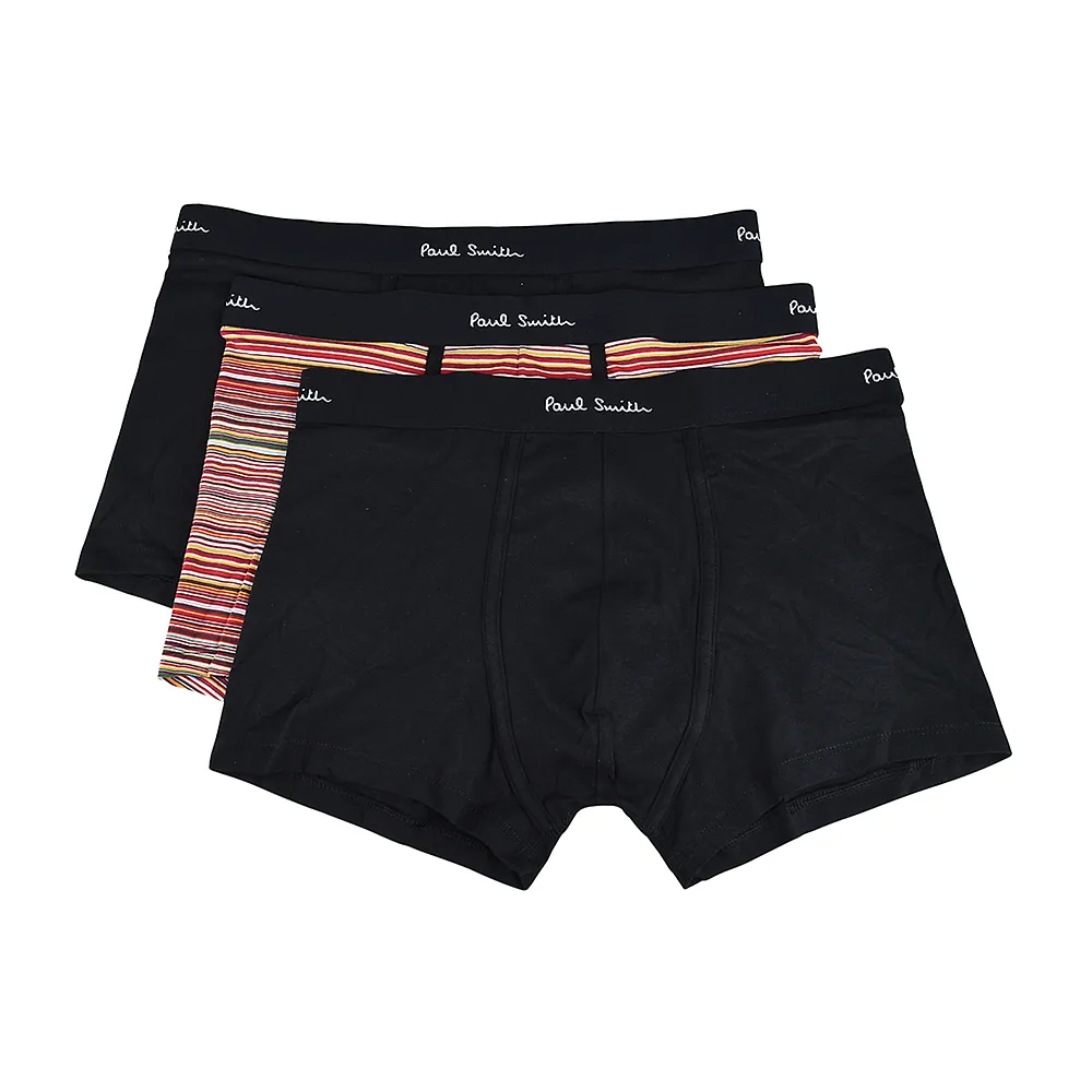 【Paul Smith】PAUL SMITH白字LOGO混和條紋組合棉質低腰平角內褲三件裝(男款/黑x細條紋)