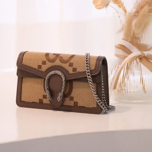 【GUCCI 古馳】Dionysus Jumbo 金屬虎頭雙G緹花雙蓋迷你鍊包斜背包(咖邊)