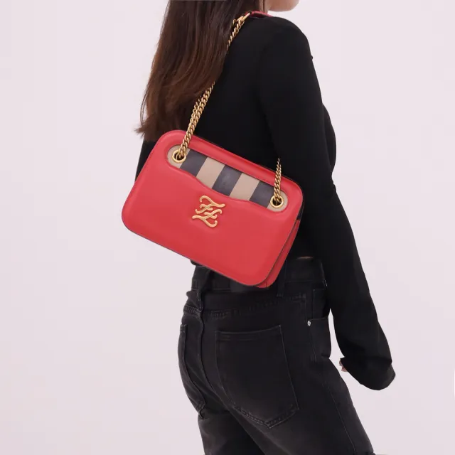 【FENDI 芬迪】Karligraphy 金屬字母FF LOGO肩斜三用鍊包晚宴包(紅)