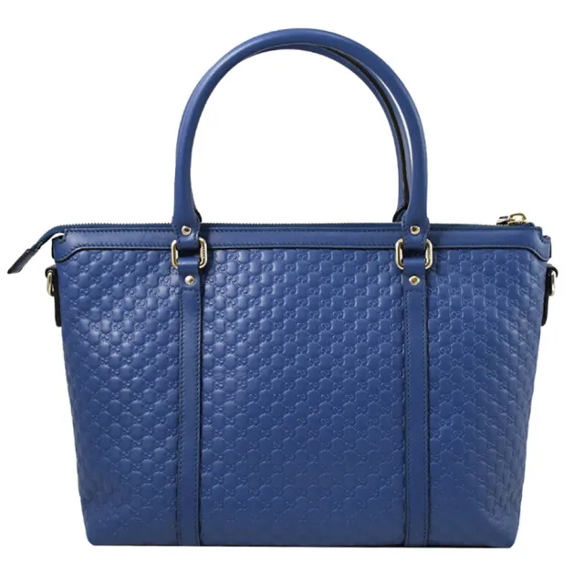 【GUCCI 古馳】新版經典雙G LOGO小牛皮壓紋手提兩用包托特包(寶藍)