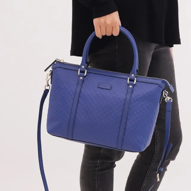 【GUCCI 古馳】新版經典雙G LOGO小牛皮壓紋手提兩用包托特包(寶藍)