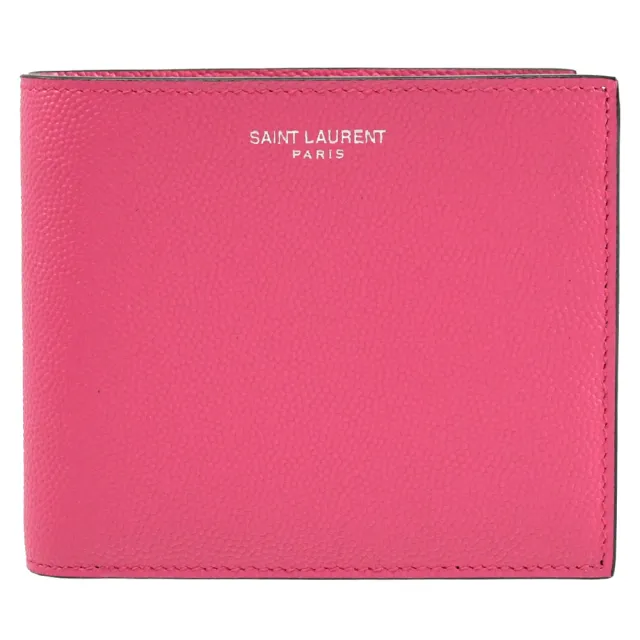 【YSL】品牌燙印LOGO防刮牛皮對折雙層8卡短夾(桃紅)