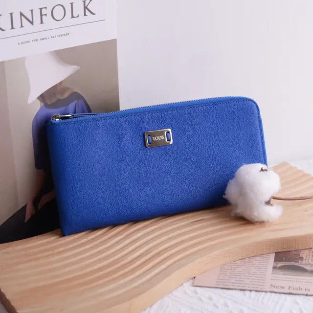 【TOD’S】TODS 簡約金屬鐵片LOGO素雅風琴式L型拉鍊長夾(寶藍)