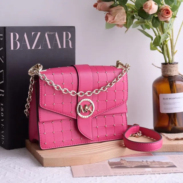 【Michael Kors】圓標金屬MK轉釦鉚釘拼接雙蓋肩斜三用鍊包淑女包(桃粉)