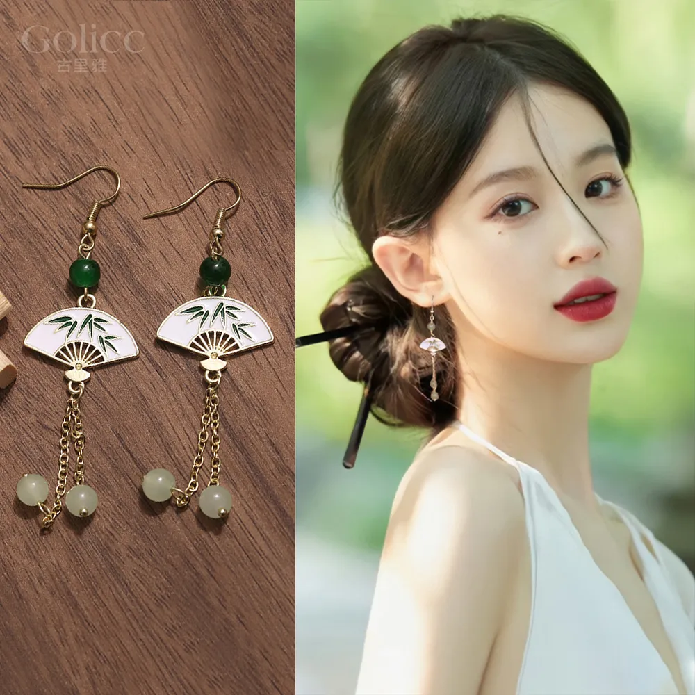 【Gulicc 古莉可】耳環 玉石流蘇扇 中式墜式(7夕情人節 生日 飾品 耳釘 耳飾 耳墜 禮物)