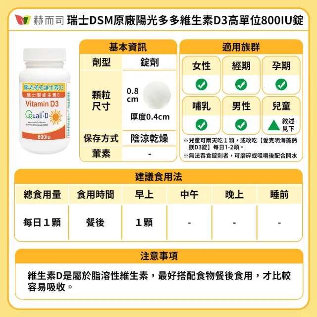 【赫而司】高單位維生素D3 800IU錠2罐(共180錠瑞士DSM原廠陽光多多非活性D防潮膜衣錠增進鈣吸收)