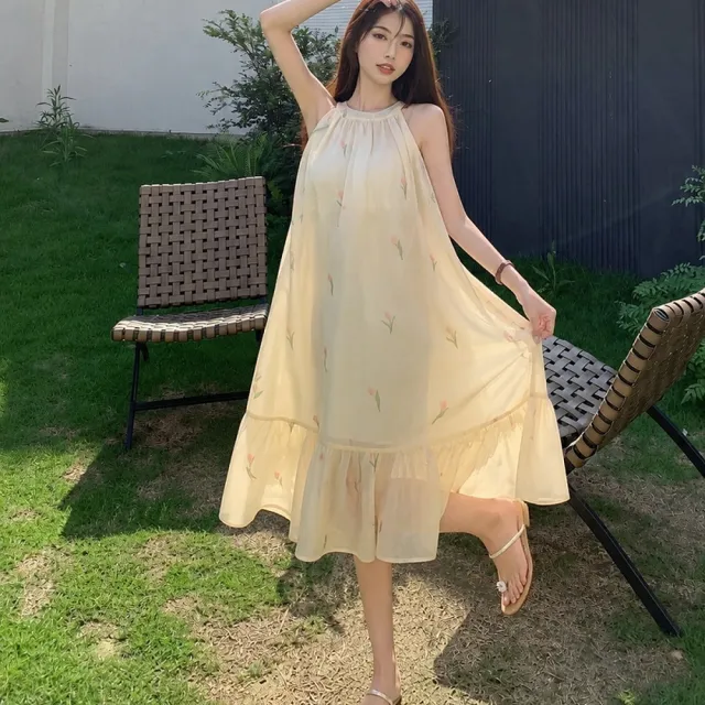 【AS 梨卡】女裝 洋裝 長裙 連身長裙 寬鬆洋裝 掛脖連身裙 夏天洋裝 海邊長裙 沙灘洋裝HZ238