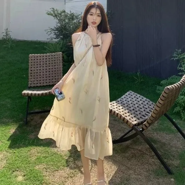 【AS 梨卡】女裝 洋裝 長裙 連身長裙 寬鬆洋裝 掛脖連身裙 夏天洋裝 海邊長裙 沙灘洋裝HZ238