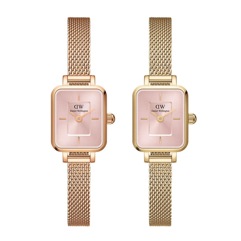 【Daniel Wellington】DW 手錶 Quadro Mini 15.4x18.2mm 方糖系列編織小方錶-蜜桃粉錶盤(兩色任選)