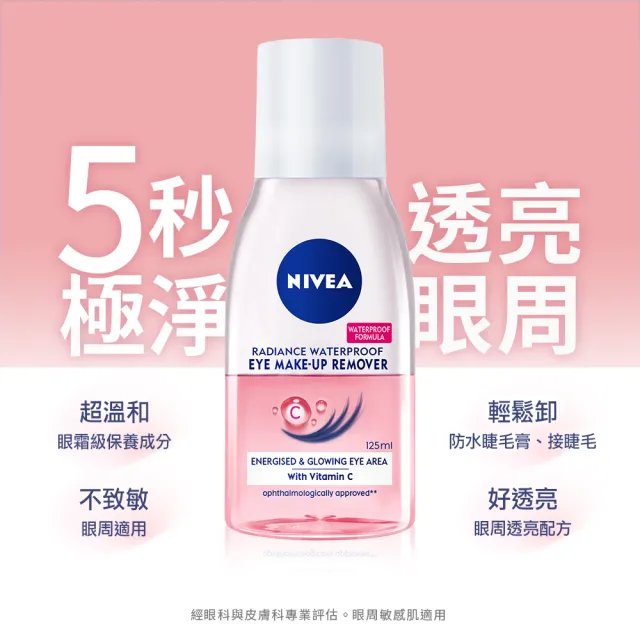 【NIVEA 妮維雅】極淨深層/透亮眼部卸妝液125mlx4入(5秒潔淨藍眼唇卸/粉眼唇卸 敏感肌適用)