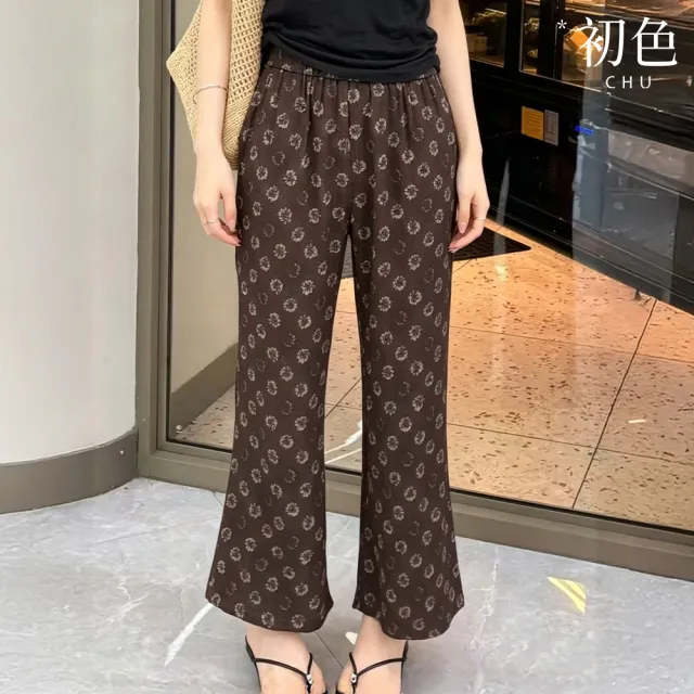 【初色】復古輕奢風鬆緊腰口袋印花修身微喇叭褲闊腿褲休閒褲寬褲長褲-共2色-52792(M-2XL可選)