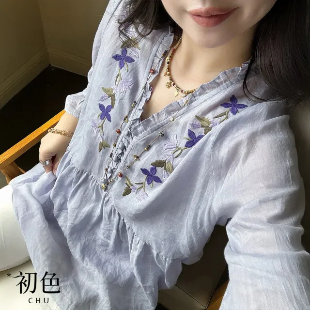 【初色】法式棉麻風壓褶拼接花卉刺繡V領五分袖襯衫上衣女上衣-淺紫色-52697(M-2XL可選)