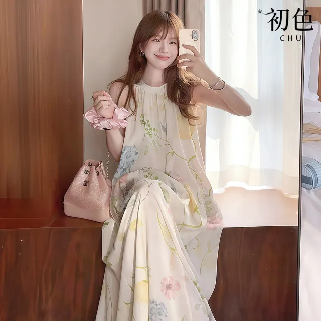 【初色】日系度假風掛脖式圓領植物印花無袖A字背心連衣長裙連身洋裝-黃色-52780(M-2XL可選)