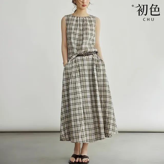 【初色】休閒風格子圓領無袖背心上衣女上衣+格子雙口袋寬鬆中長裙套裝-格子-52711(M-2XL可選)