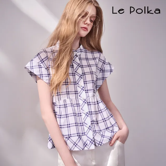 【Le Polka】棉麻寬袖格紋襯衫-女