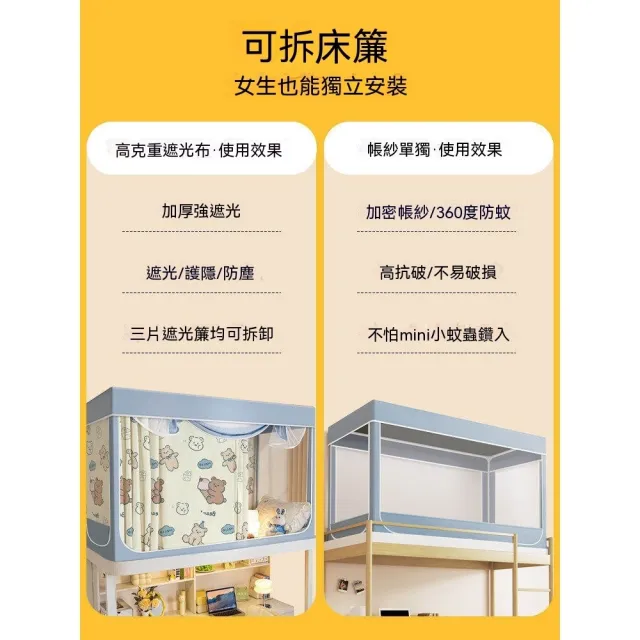 禾日優品 宿舍一體床簾 宿舍床簾 蚊帳單人 床簾 拼接款90*190 普通支架 四面三開門 防塵 預購15天