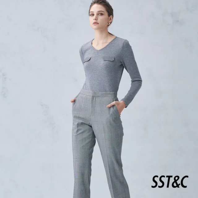 【SST&C】女裝 灰V領彈性口袋裝飾針織上衣8762211004(雙11精選)