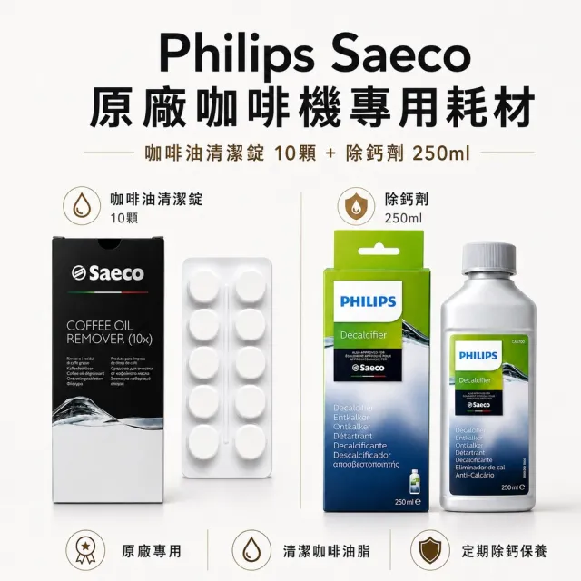 【Philips 飛利浦】Saeco 原廠咖啡機清潔錠 咖啡油清潔錠10入裝+除鈣劑250ml