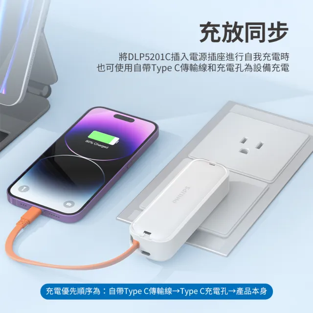 【Philips 飛利浦】獨家DLP5201C 4900mAh FunCube BAR 22.5W AC自帶Type-C線行動電源(具Wh標示)