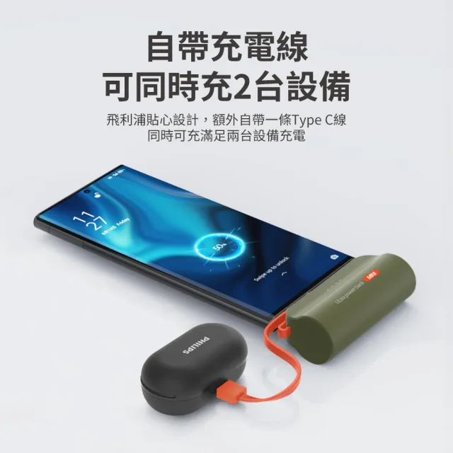 【Philips 飛利浦】獨家DLP2550C 4900mAh 10W TypeC直插自帶線口袋行動電源(17.88Wh_具Wh標示)