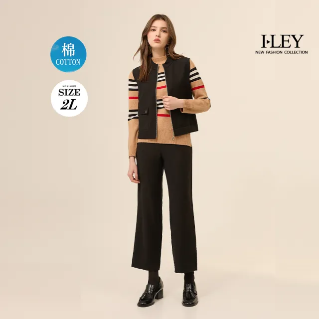 【ILEY 伊蕾】立體壓褶OL棉質小直筒褲(黑；M-2L；1253076458)