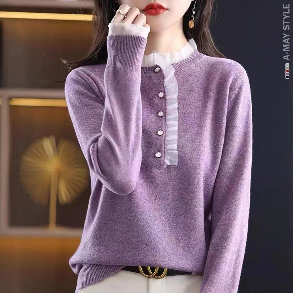 【Amay Style 艾美時尚】新品 中大尺碼女裝 上衣 法式優雅設計拼接荷葉邊顯瘦針織衫。S-XL(5色.預購)