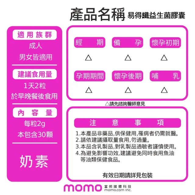 【葡萄王】易得纖益生菌膠囊30粒x3瓶 共90粒(不易形成體脂肪 益生菌膠囊 葡萄王官方)