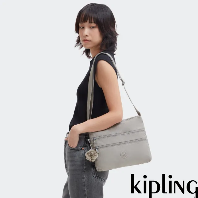 【KIPLING】溫柔沉穩灰多層拉鍊收納側背包-ALVAR 女包