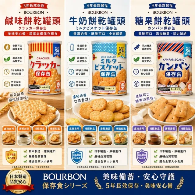 【Bourbon 北日本】日本 北日本 長效期餅乾罐頭 3種口味 5入組(避災食物 露營 防災)