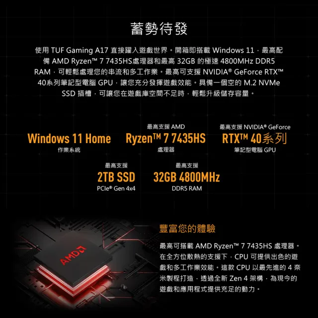 【ASUS 華碩】升級16G組★17.3吋GeForce RTX 4050 R7電競筆電(FA707NUG-0092A7445HS/R7-7445HS/16G/1T/W11)
