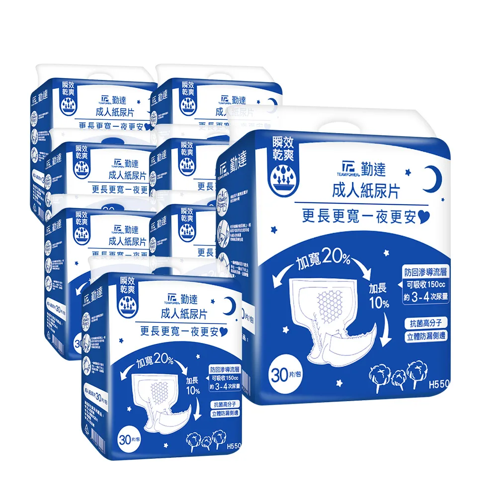 【TEAMPOWER 勤達】共240片加寬加長防漏55x29cm成人大尿片-30片-8包(日用夜用加寬加大藍色防回滲更乾爽)