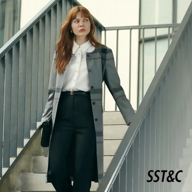 【SST&C】女裝 灰色格紋圓領羊毛混紡大衣8162210007(限時3折)