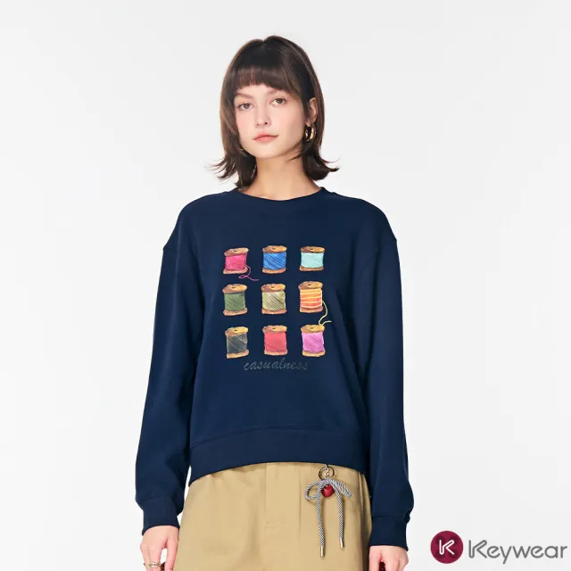 【KeyWear 奇威名品】線軸印花圓領長袖上衣(共2色)