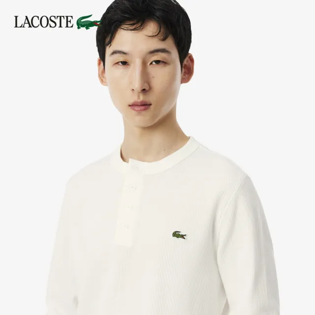 【LACOSTE】男款-華夫格亨利領長袖T恤(白色)