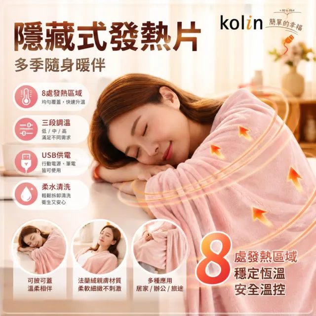 【Kolin 歌林】法蘭絨披蓋式電熱毯USB暖暖毯KFH-HC300毯子/披肩毯/暖身毯/發熱毯(2026年新款 可丟洗衣機)