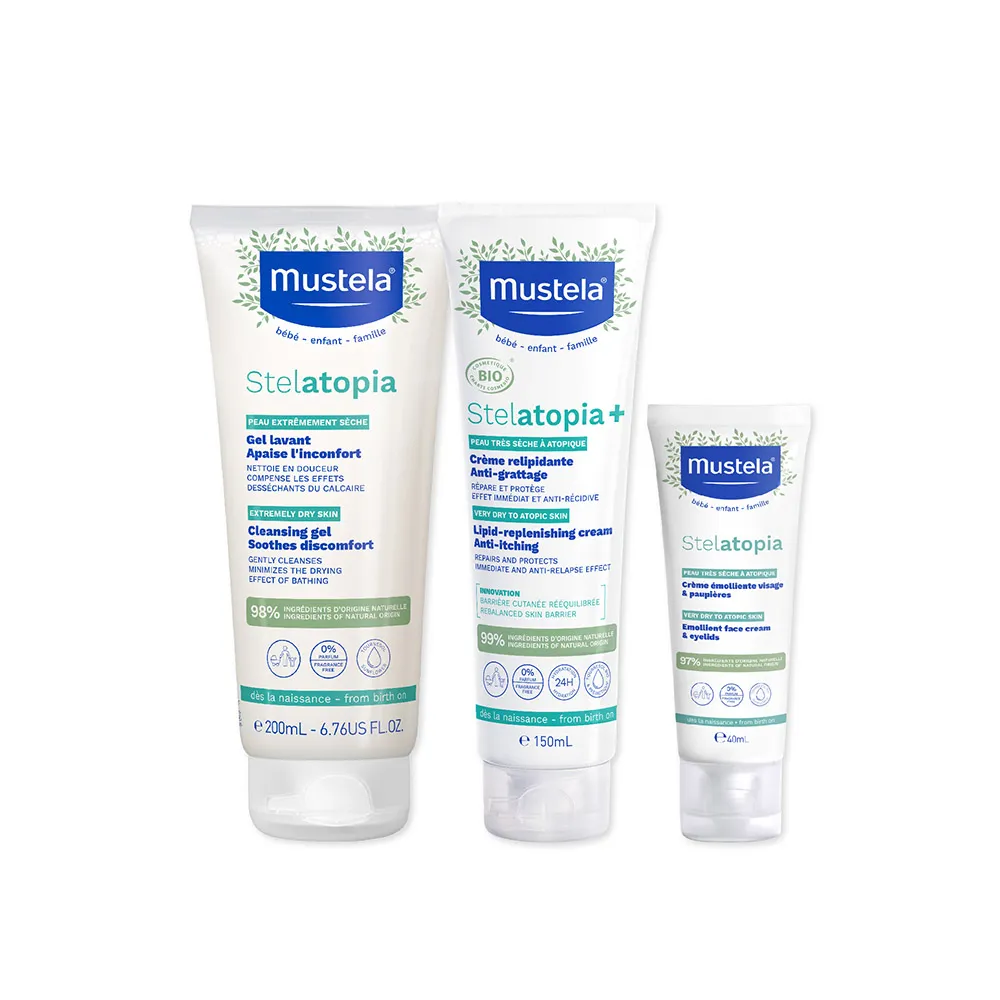 【Mustela 慕之恬廊】舒恬良 乾癢肌全面洗護組(雙潔露200ml＋滋養益膚柔舒霜150ml有機＋柔舒面霜40ml)