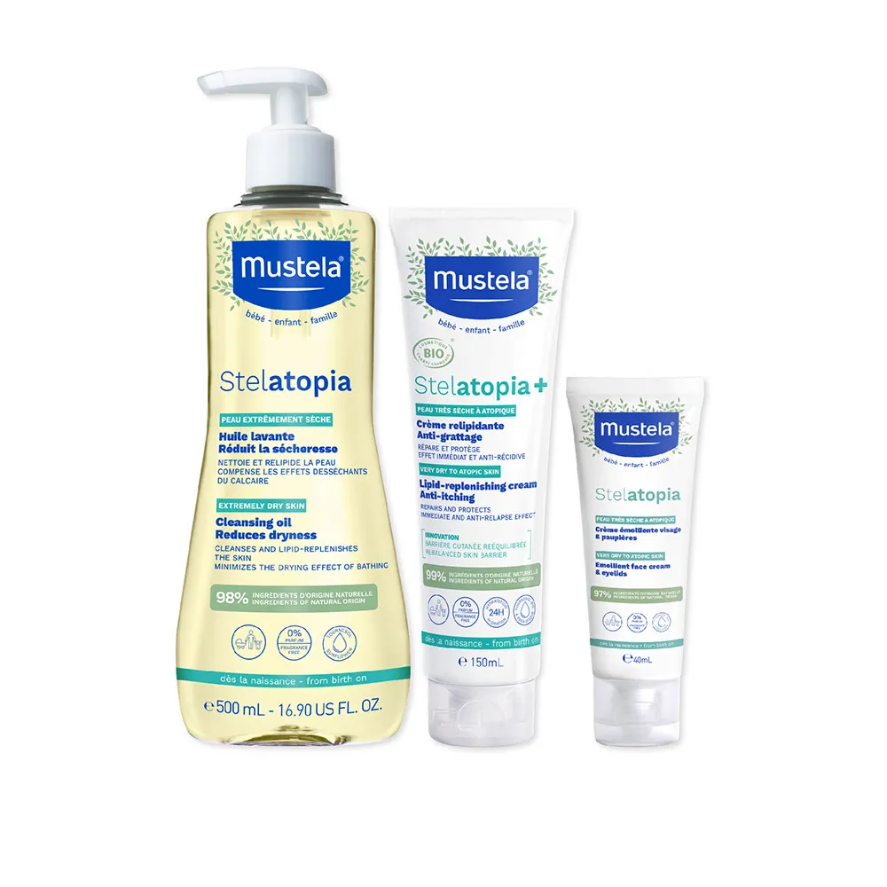 【Mustela 慕之恬廊】舒恬良 乾癢洗護滋潤組(舒緩沐浴油500ml＋滋養益膚柔舒霜150ml有機＋柔舒面霜40ml)