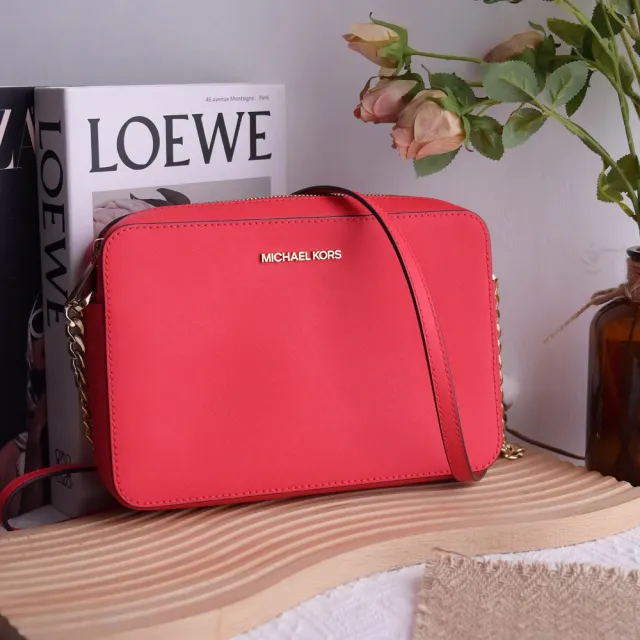 【Michael Kors】經典新版防刮皮革鍊條方包斜背包(珊瑚紅)
