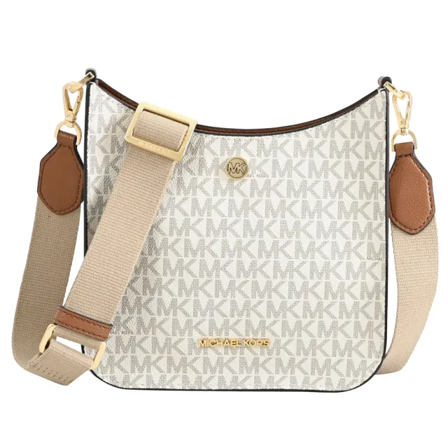 【Michael Kors】圓標LOGO滿版MK活動寬背帶個性斜背包(白咖 小)